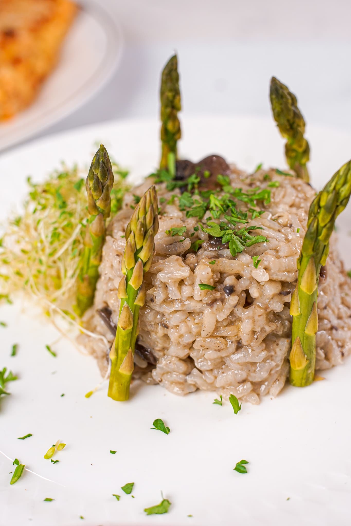 A creamy risotto finished with asparagus, plated by a private chef in Hoboken