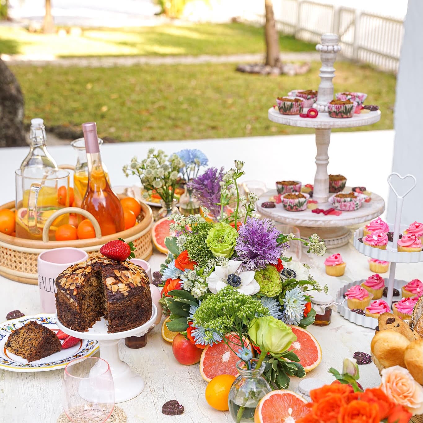 A private chef backyard brunch spread set out at a Montclair home