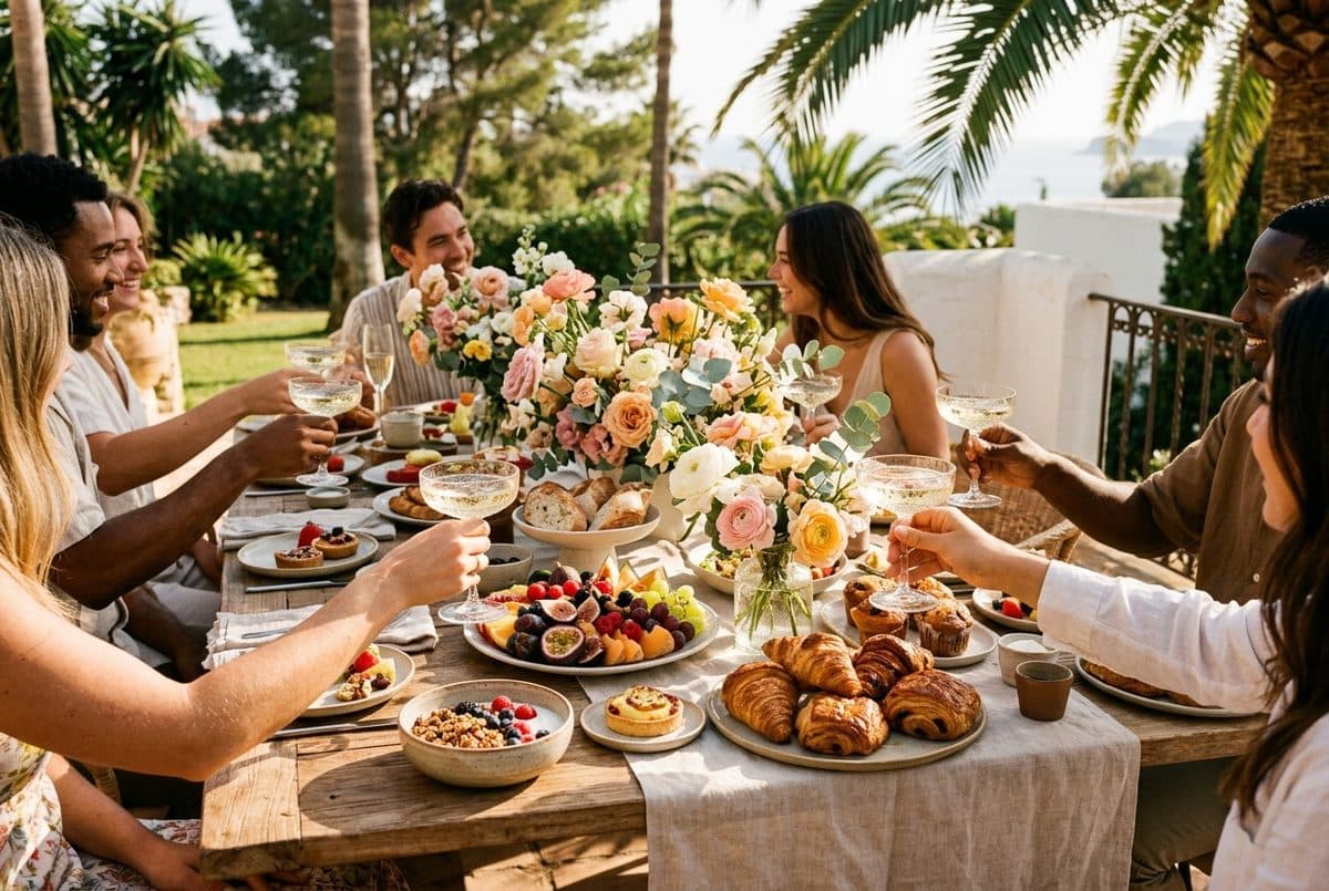A celebratory brunch spread on a terrace table for a group