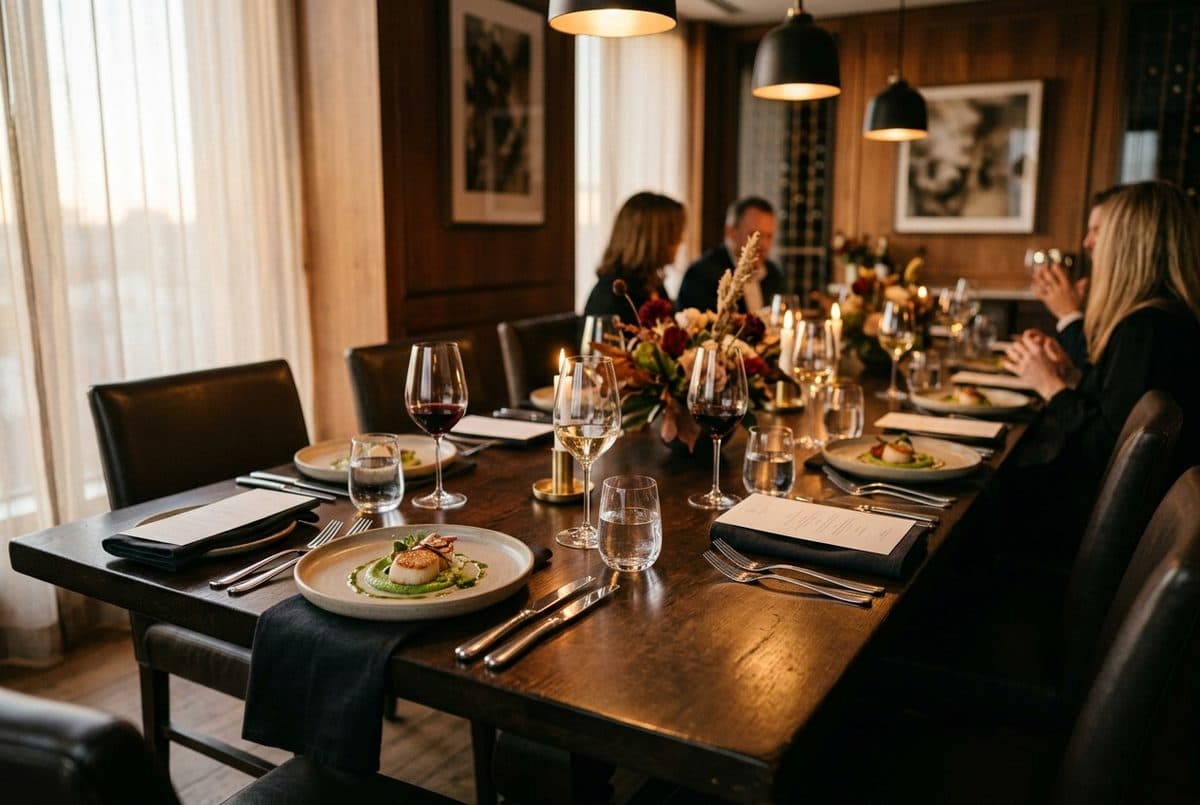 A refined private dining room set for a corporate client dinner