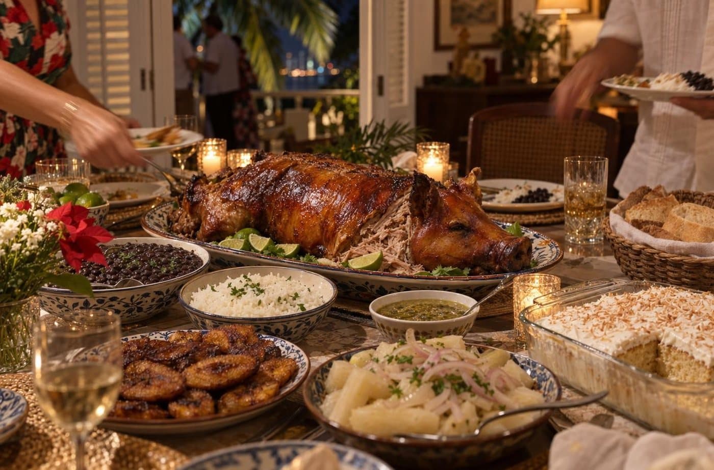 A Nochebuena table with a whole roasted pork, rice and beans and plantains